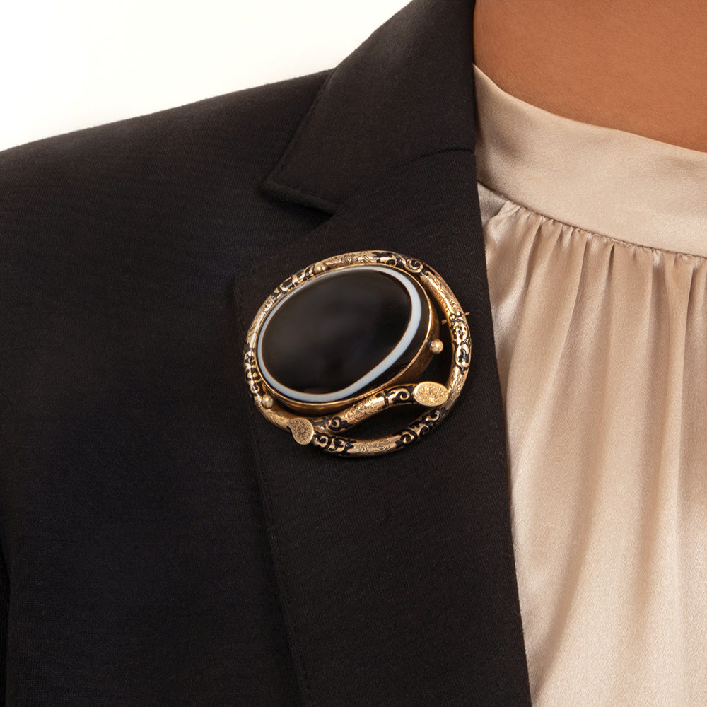 Victorian Agate and Enamel Locket-Backed Brooch - 3