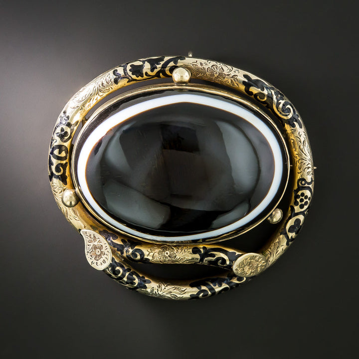 Victorian Agate and Enamel Locket-Backed Brooch