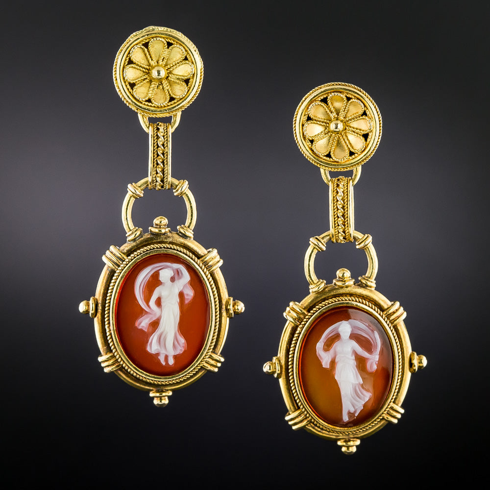 Victorian Agate Cameo Drop Earrings - 3