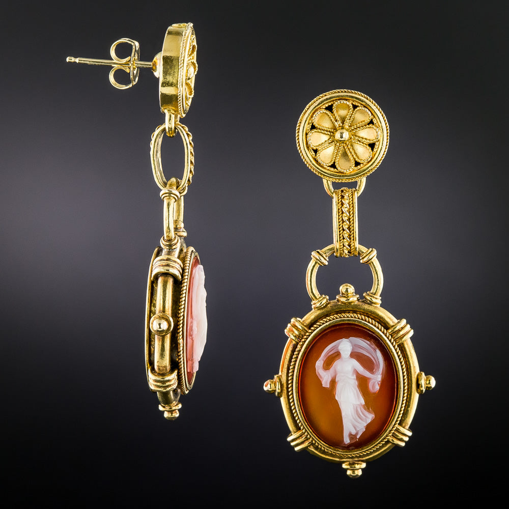 Victorian Agate Cameo Drop Earrings - 4
