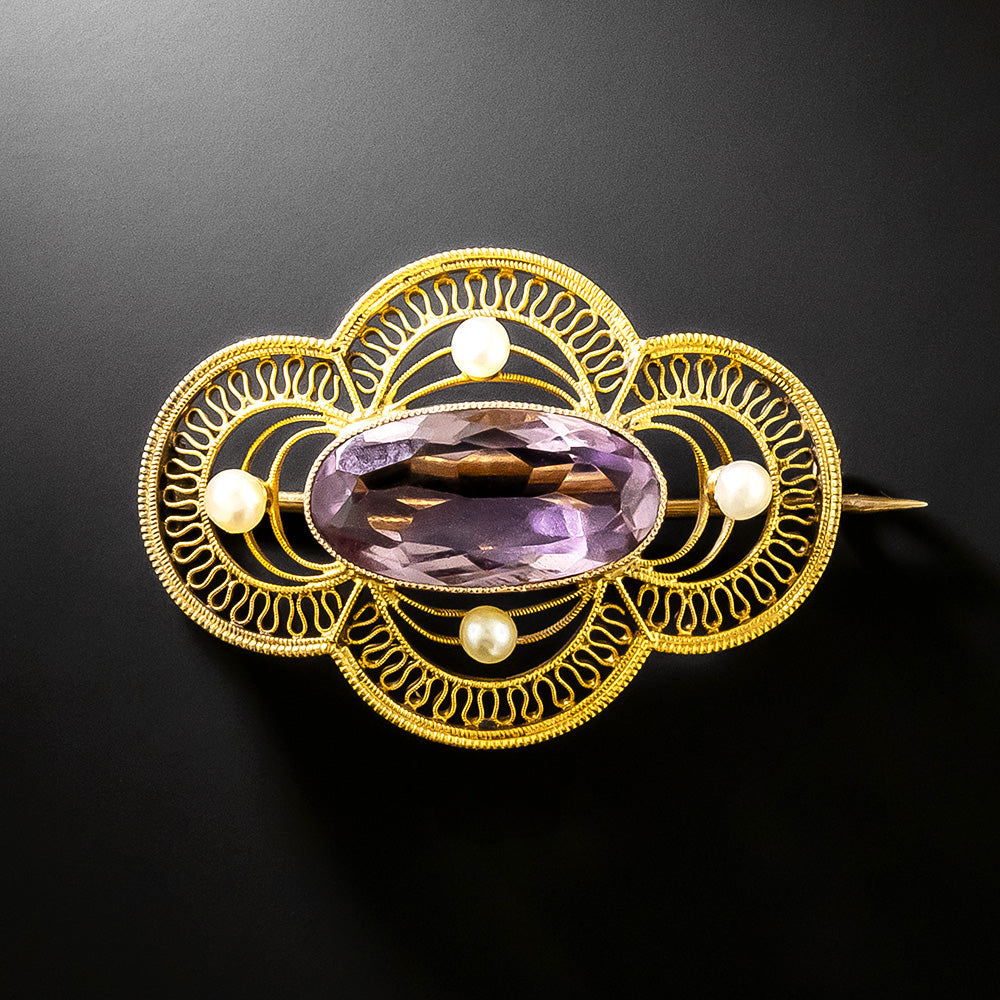 Victorian Amethyst and Natural Pearl Filigree Brooch, Netherlands - 2