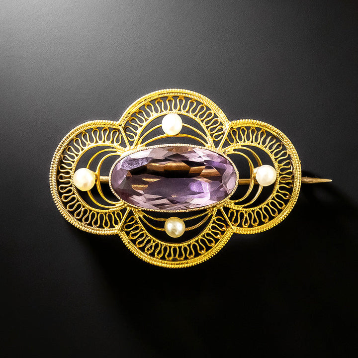 Victorian Amethyst and Natural Pearl Filigree Brooch, Netherlands