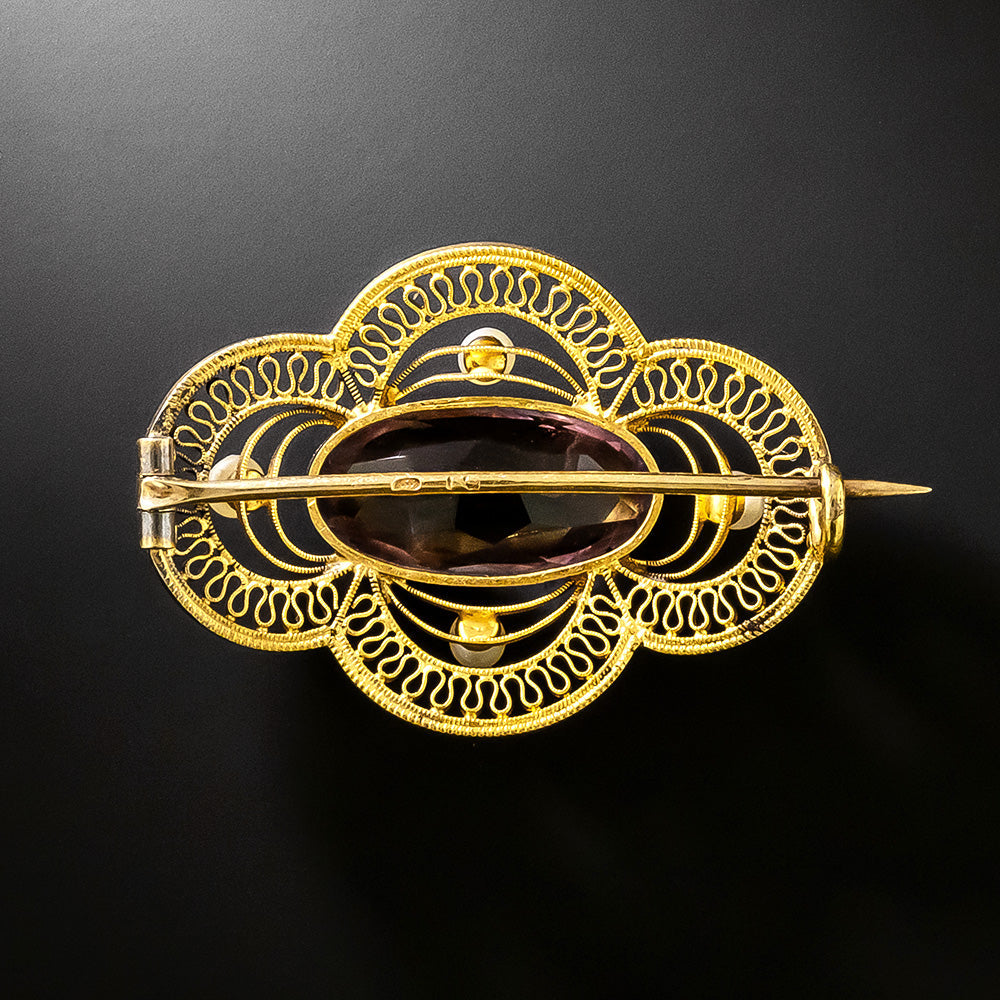 Victorian Amethyst and Natural Pearl Filigree Brooch, Netherlands - 3