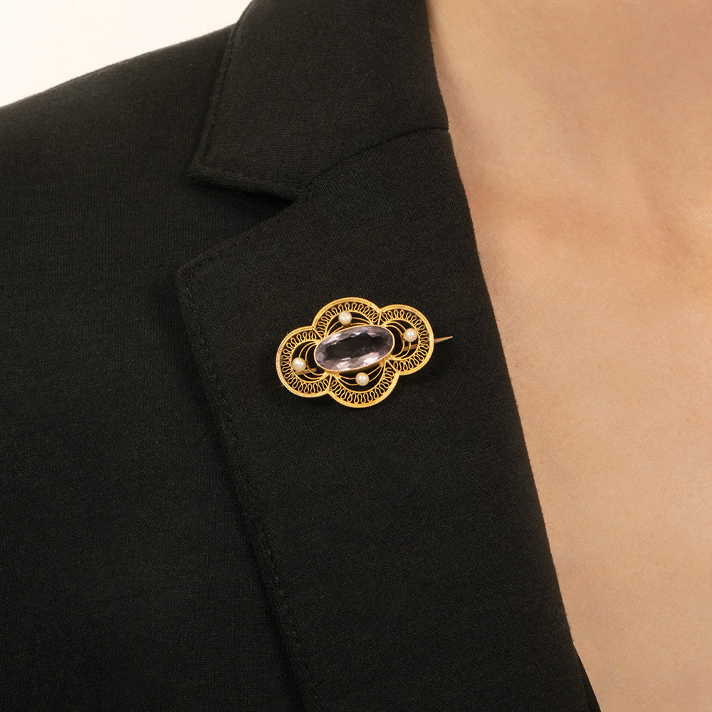 Victorian Amethyst and Natural Pearl Filigree Brooch, Netherlands - 4