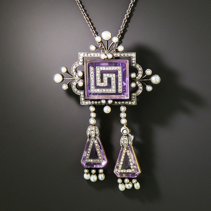 Victorian Amethyst, Diamond and Natural Pearl Tassel Pendant / Brooch