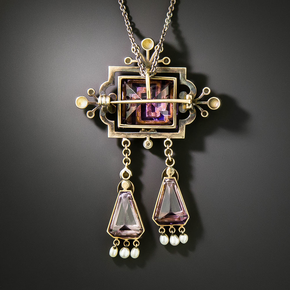 Victorian Amethyst, Diamond and Natural Pearl Tassel Pendant / Brooch - 3