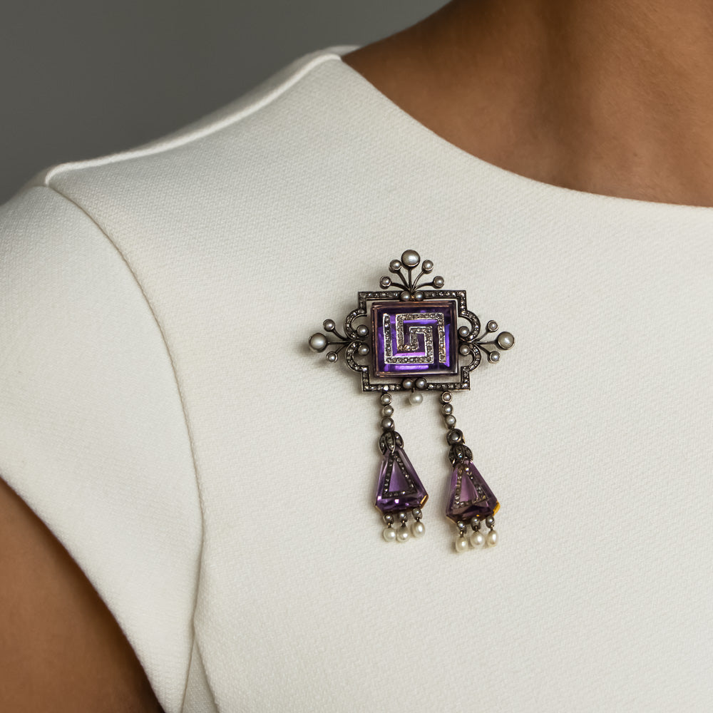 Victorian Amethyst, Diamond and Natural Pearl Tassel Pendant / Brooch - 4