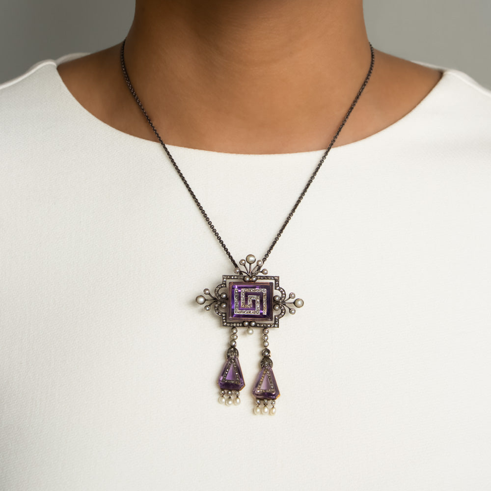 Victorian Amethyst, Diamond and Natural Pearl Tassel Pendant / Brooch - 5