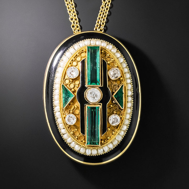 Victorian/Art Deco Emerald, Diamond and Enamel Pendant/Brooch