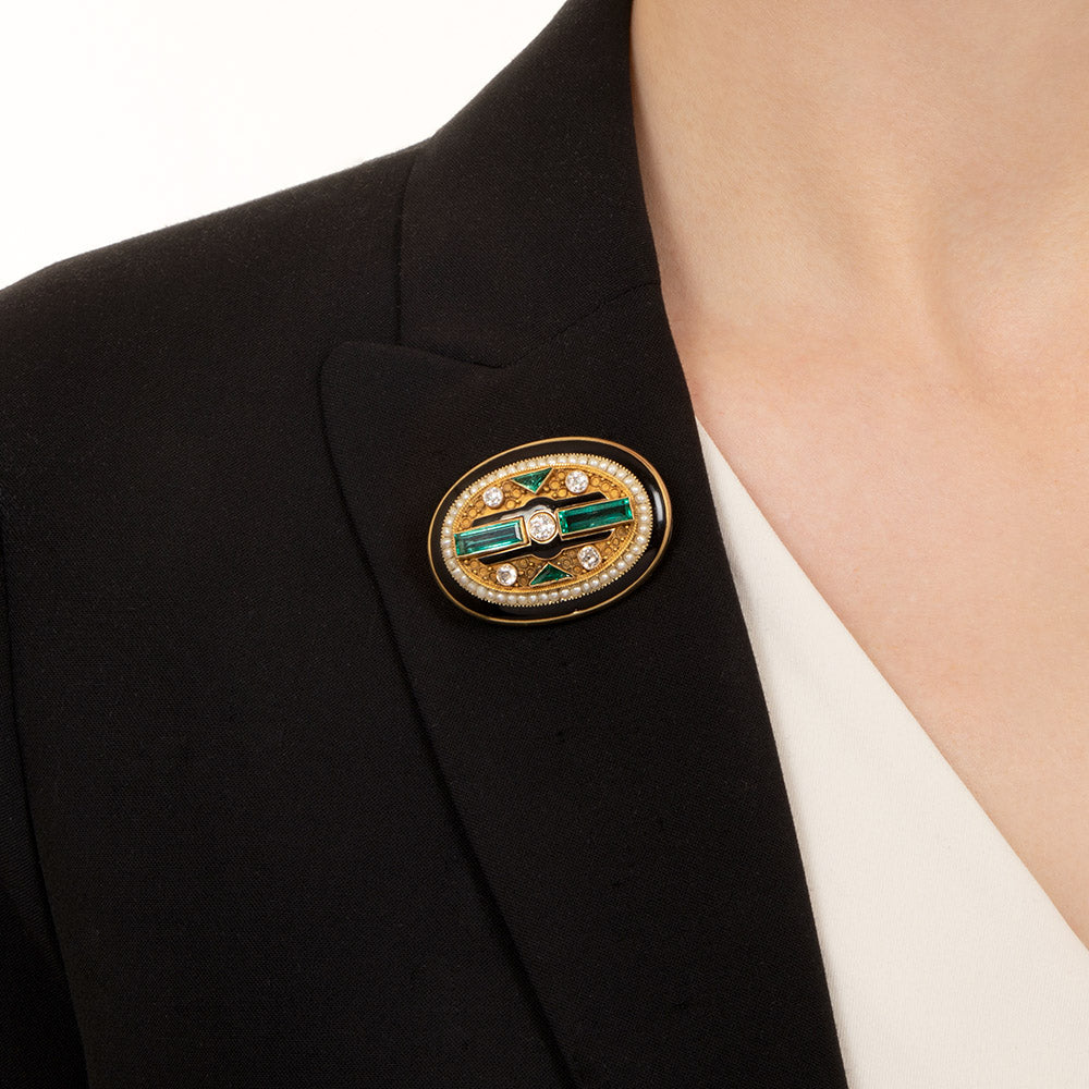 Victorian/Art Deco Emerald, Diamond and Enamel Pendant/Brooch - 4
