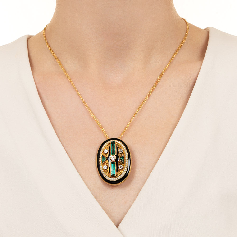 Victorian/Art Deco Emerald, Diamond and Enamel Pendant/Brooch - 5