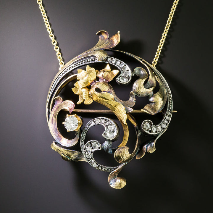 Victorian/Art Nouveau Diamond Floral Swirl Pendant/Brooch