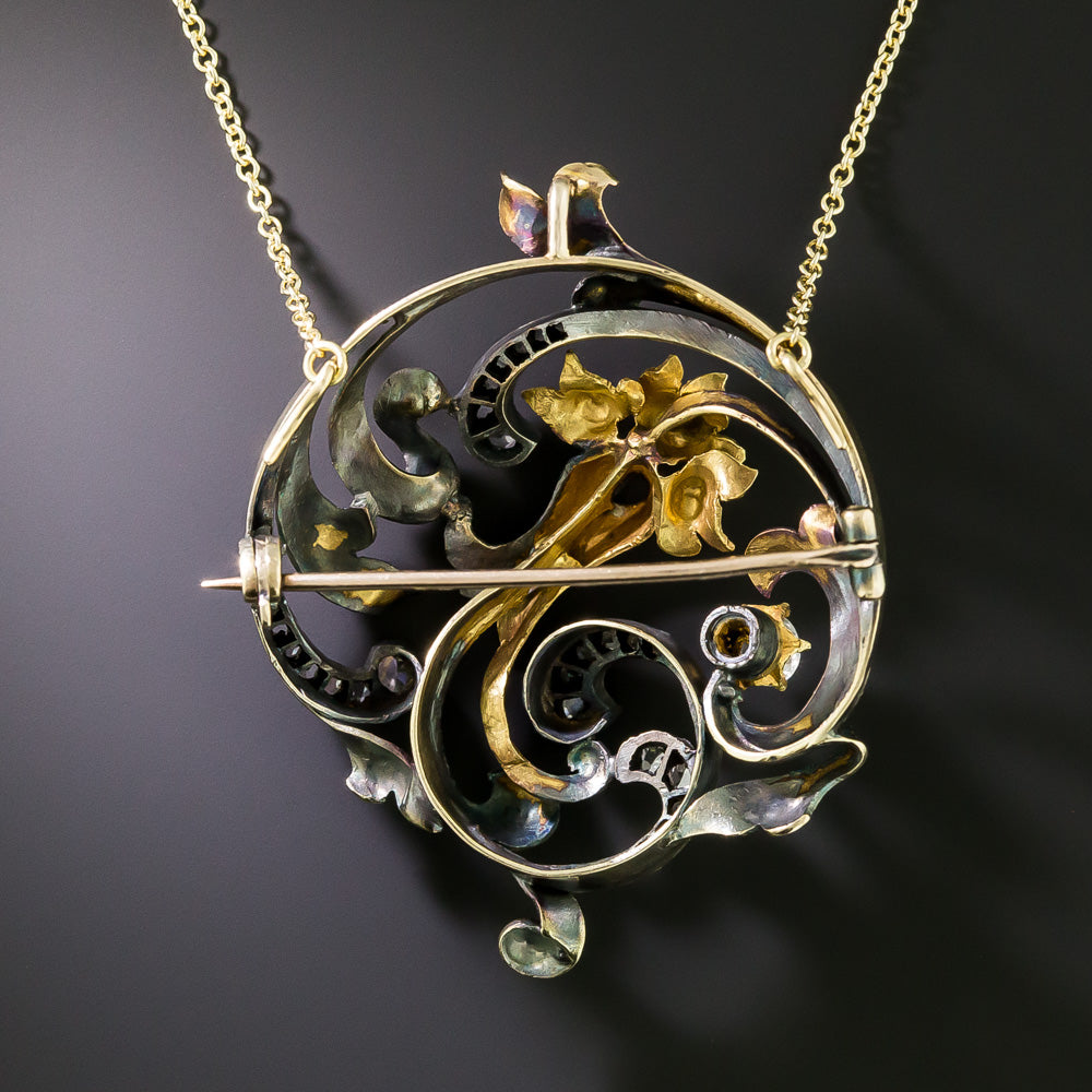 Victorian/Art Nouveau Diamond Floral Swirl Pendant/Brooch - 2