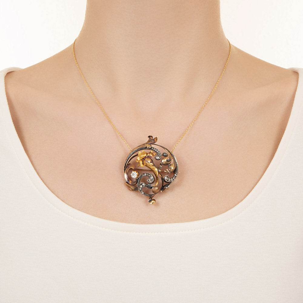 Victorian/Art Nouveau Diamond Floral Swirl Pendant/Brooch - 3