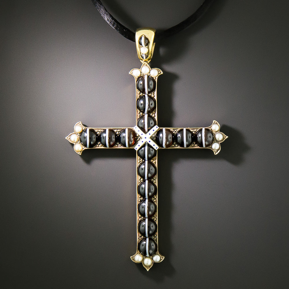 Victorian Banded Agate and Pearl Cross Pendant - 1