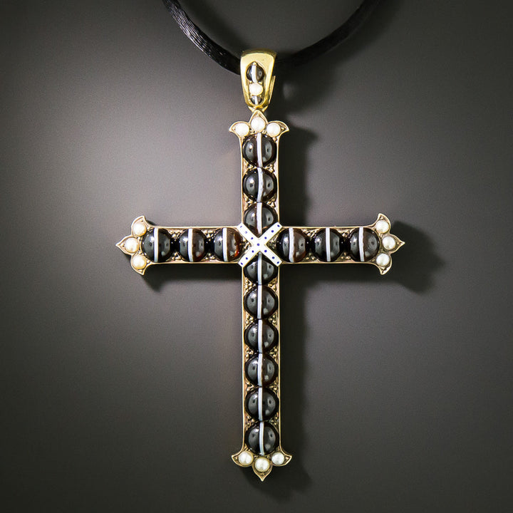 Victorian Banded Agate and Pearl Cross Pendant