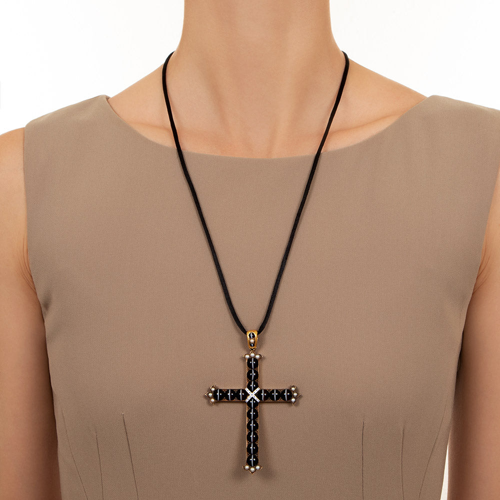 Victorian Banded Agate and Pearl Cross Pendant - 6