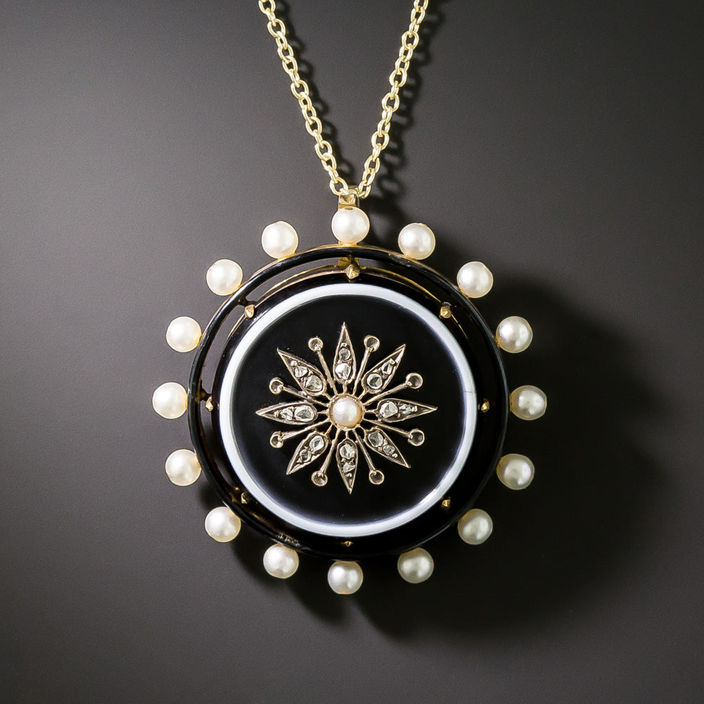 Victorian Banded Agate, Diamond and Natural Pearl Pendant Locket - 2