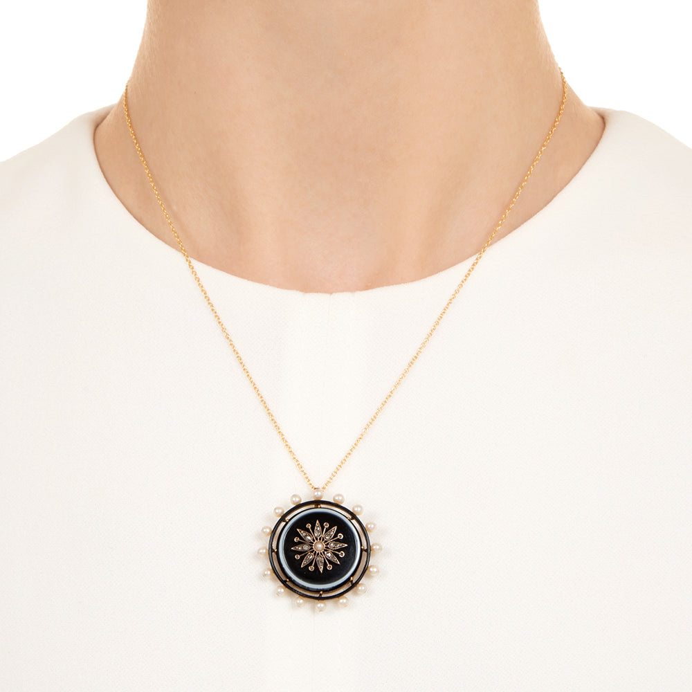 Victorian Banded Agate, Diamond and Natural Pearl Pendant Locket - 3
