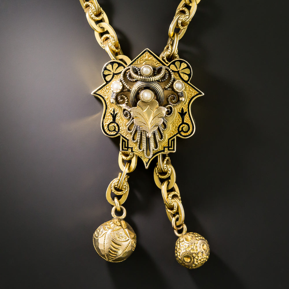 Victorian Black Enamel Tracery and Natural Pearl Necklace, 48 Inches - 3