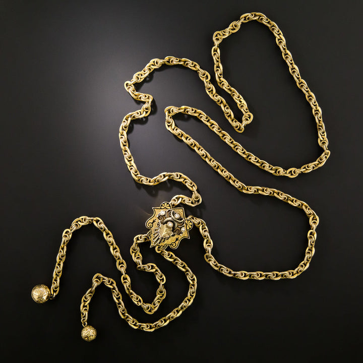 Victorian Black Enamel Tracery and Natural Pearl Necklace, 48 Inches