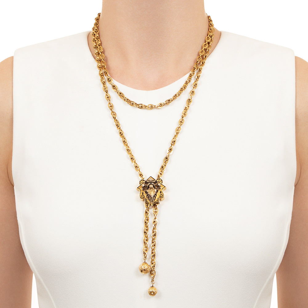 Victorian Black Enamel Tracery and Natural Pearl Necklace, 48 Inches - 4