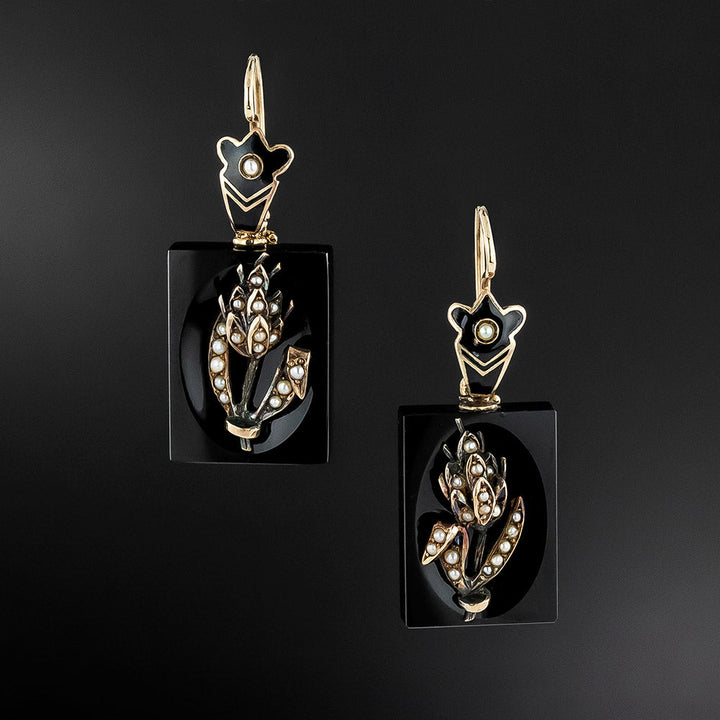 Victorian Black Onyx, Pearl and Enamel Earrings