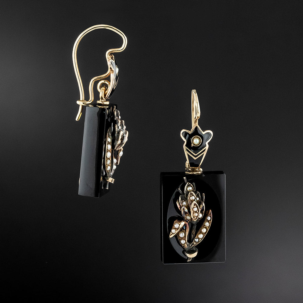 Victorian Black Onyx, Pearl and Enamel Earrings - 3