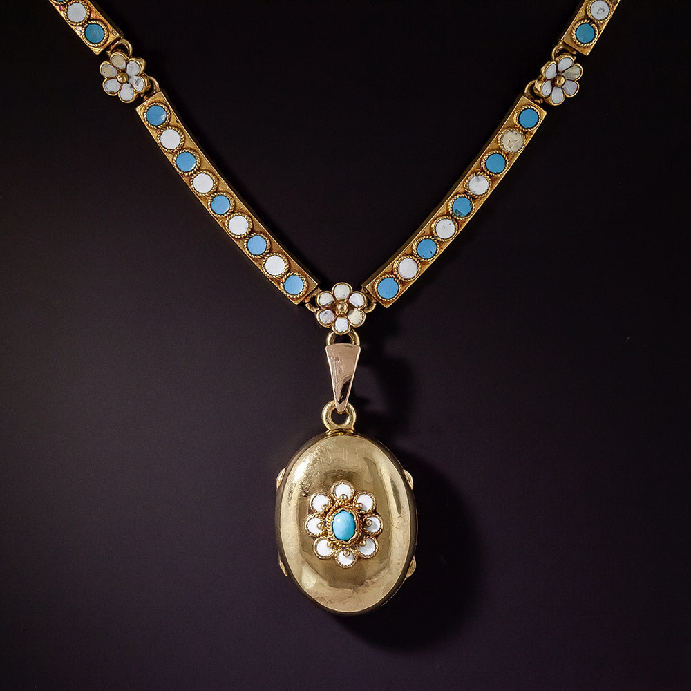 Victorian Blue and White Enamel Locket Necklace - 0