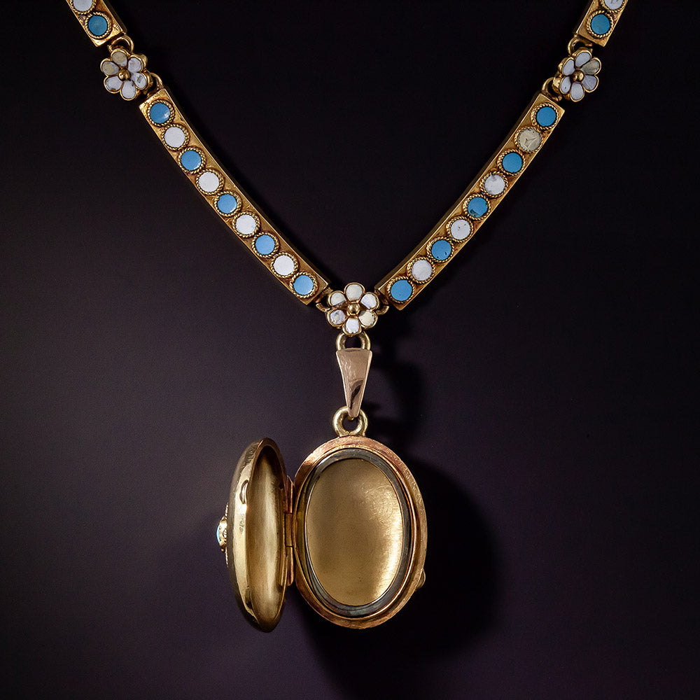 Victorian Blue and White Enamel Locket Necklace - 2