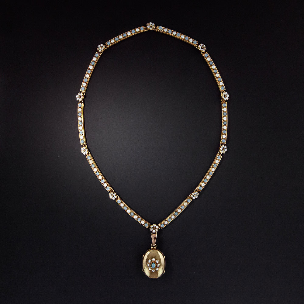 Victorian Blue and White Enamel Locket Necklace - 3