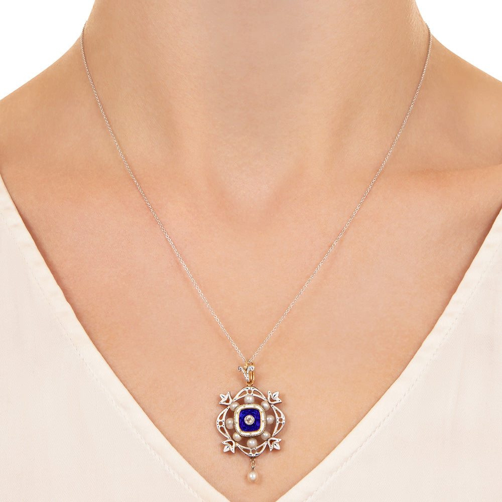 Victorian Blue and White Enamel, Pearl and Diamond Pendant/Brooch - 4