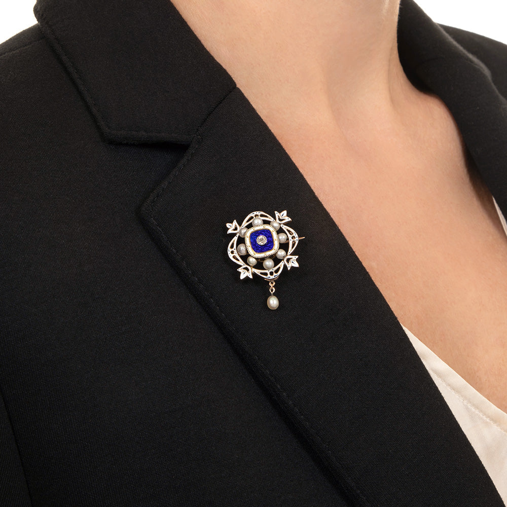 Victorian Blue and White Enamel, Pearl and Diamond Pendant/Brooch - 5