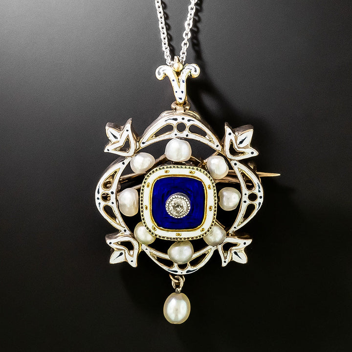 Victorian Blue and White Enamel, Pearl and Diamond Pendant/Brooch