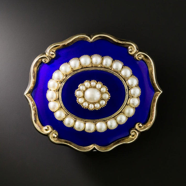 Victorian Blue Enamel and Natural Pearl Brooch/Locket, Circa 1841