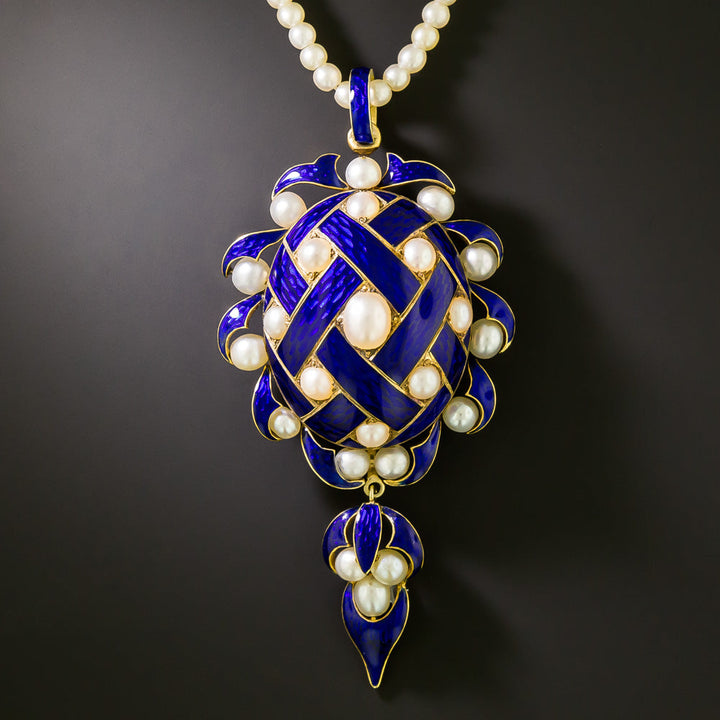 Victorian Blue Enamel and Natural Pearl Locket Necklace