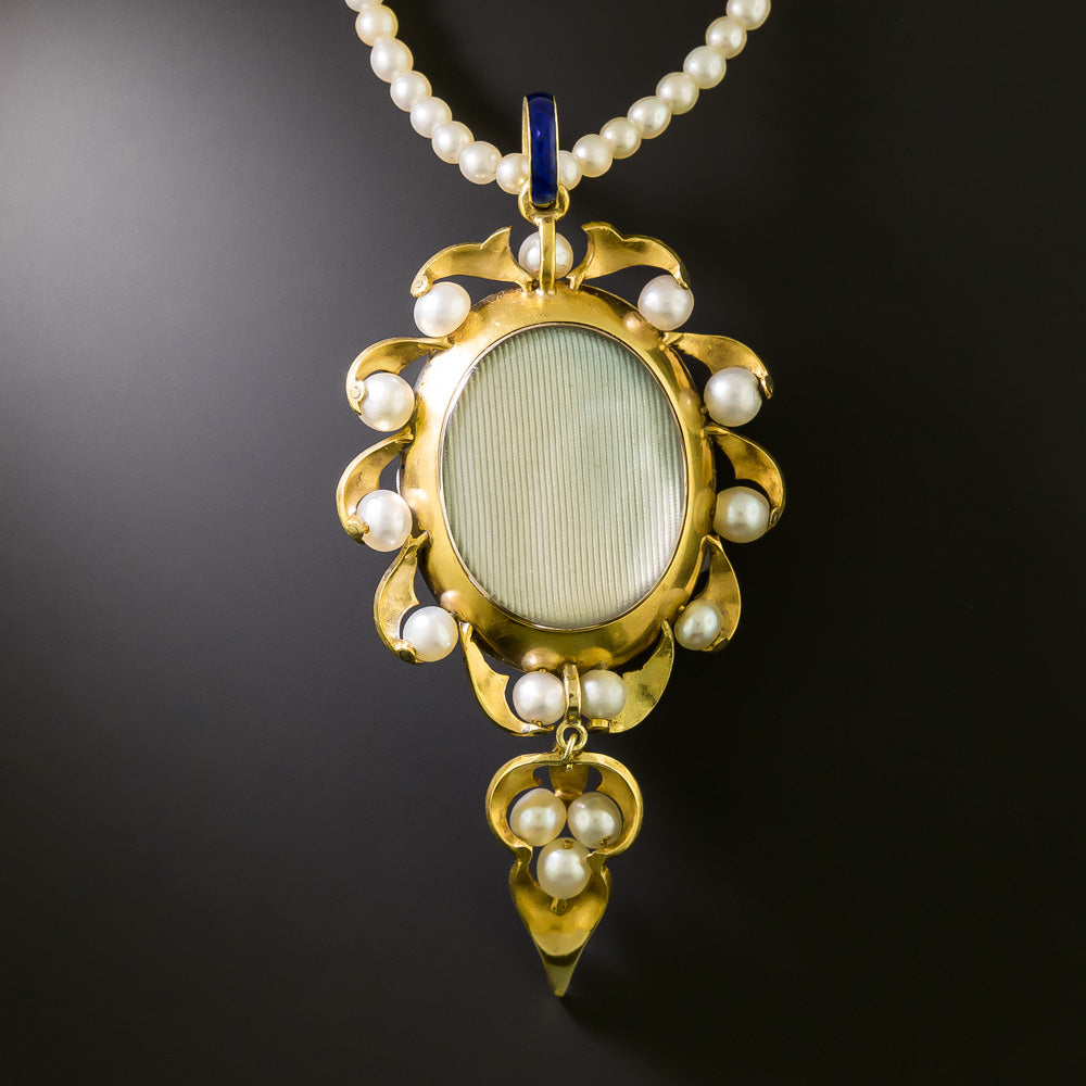 Victorian Blue Enamel and Natural Pearl Locket Necklace - 4