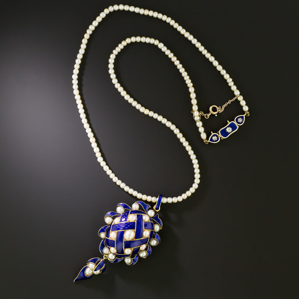 Victorian Blue Enamel and Natural Pearl Locket Necklace - 5