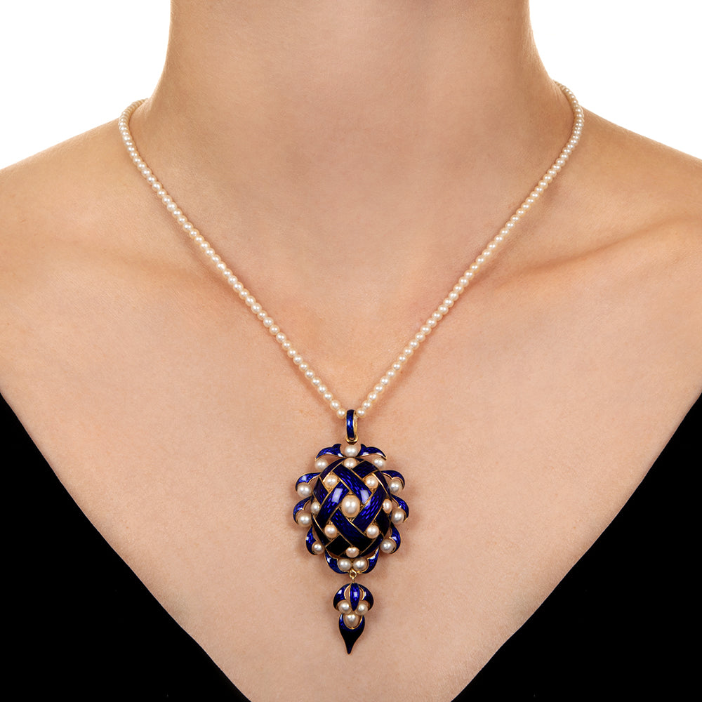 Victorian Blue Enamel and Natural Pearl Locket Necklace - 6