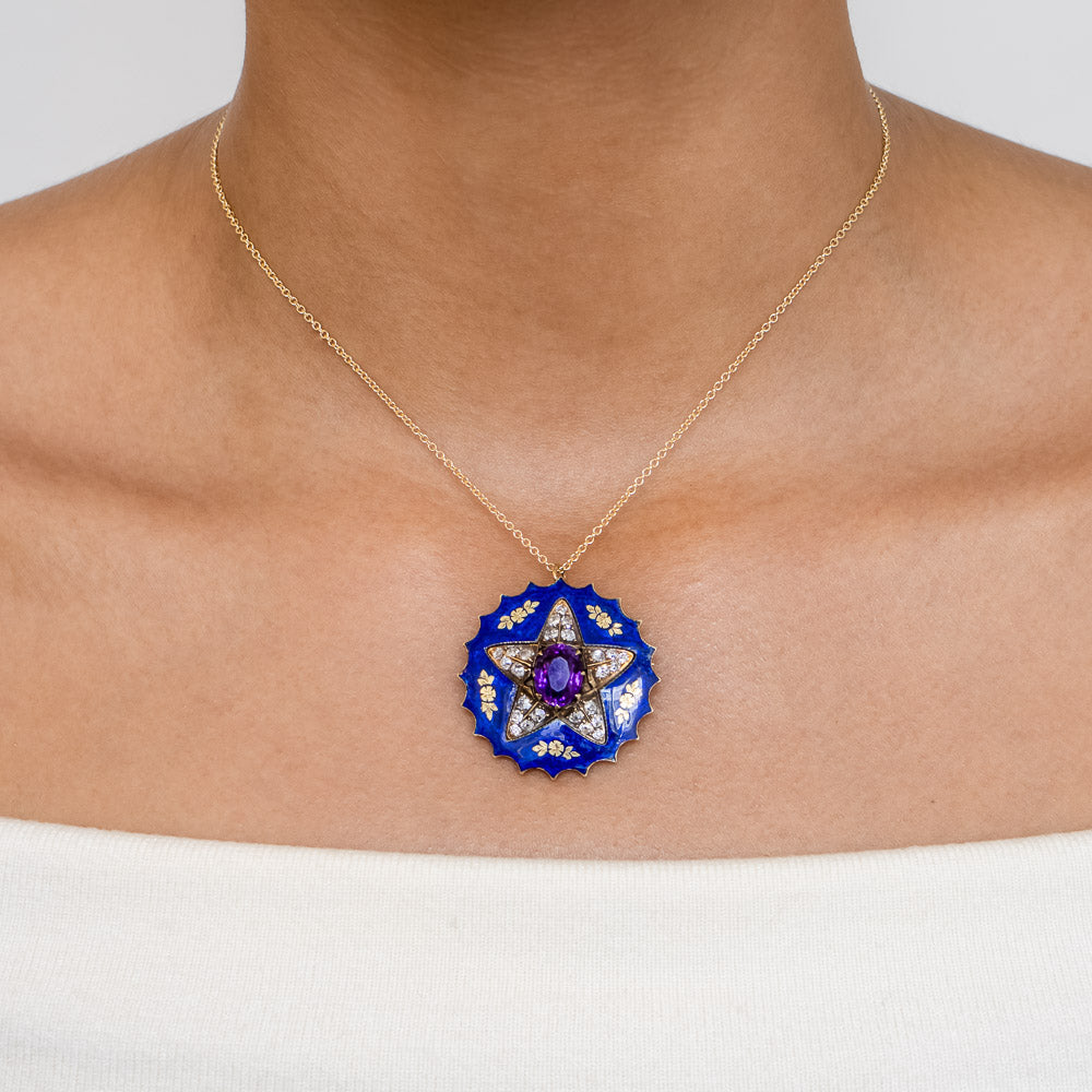 Victorian Blue Enamel, Diamond and Amethyst Brooch/Pendant - 4
