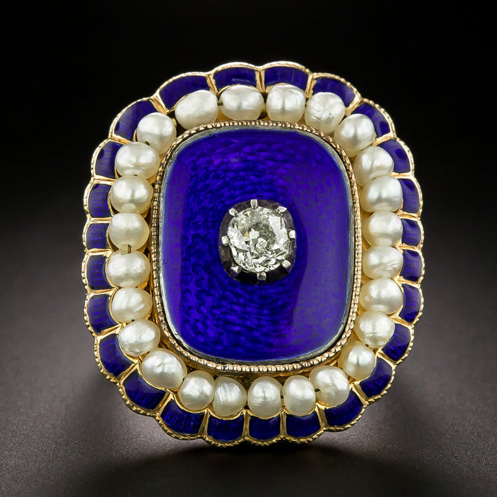 Victorian Blue Enamel, Diamond And Natural Pearl Ring