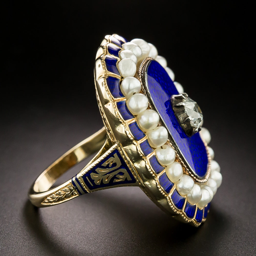 Victorian Blue Enamel, Diamond And Natural Pearl Ring - 4