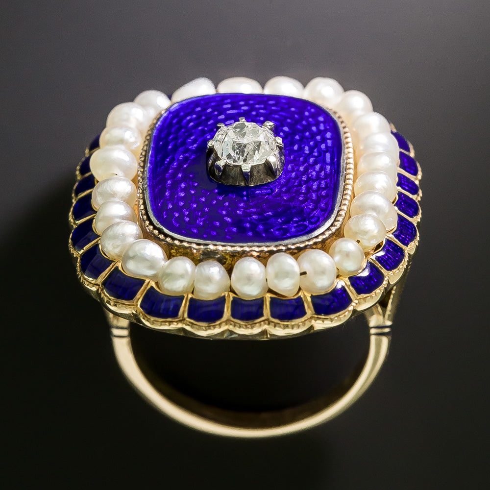 Victorian Blue Enamel, Diamond And Natural Pearl Ring - 5