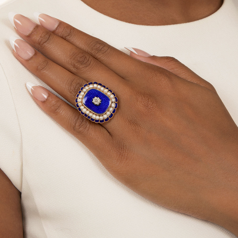 Victorian Blue Enamel, Diamond And Natural Pearl Ring - 6