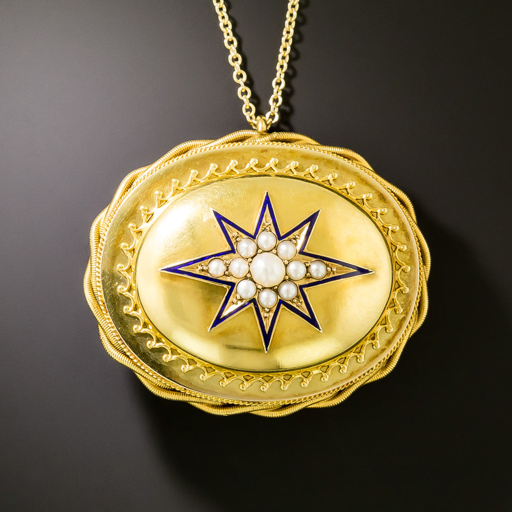 Victorian Blue Enamel Star and Pearl Locket Pendant/Brooch - 1