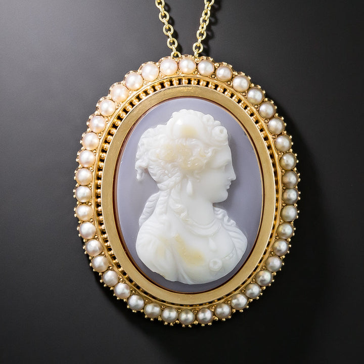 Victorian Carnelian Cameo and Natural Seed Pearl Pendant