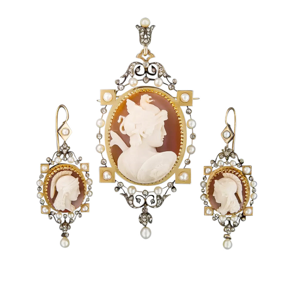 Victorian Carnelian Cameo Pendant/Brooch and Earrings Set - 12