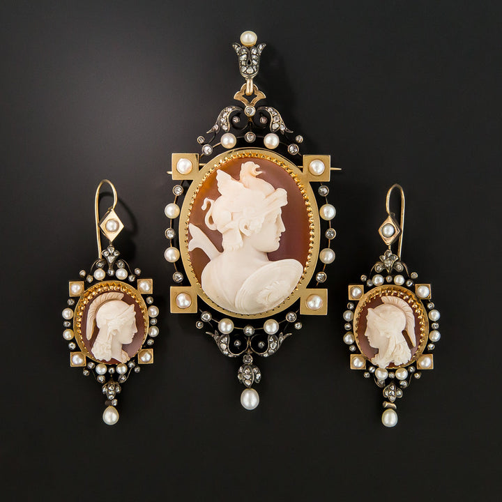 Victorian Carnelian Cameo Pendant/Brooch and Earrings Set