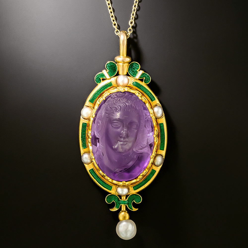 Victorian Carved Amethyst Cameo, Pearl and Enamel Pendant - 2