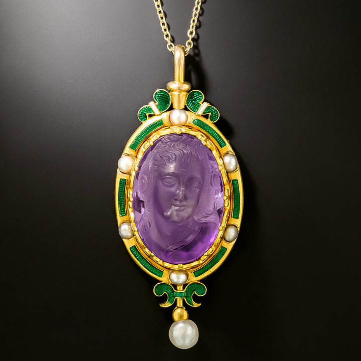 Victorian Carved Amethyst Cameo, Pearl and Enamel Pendant